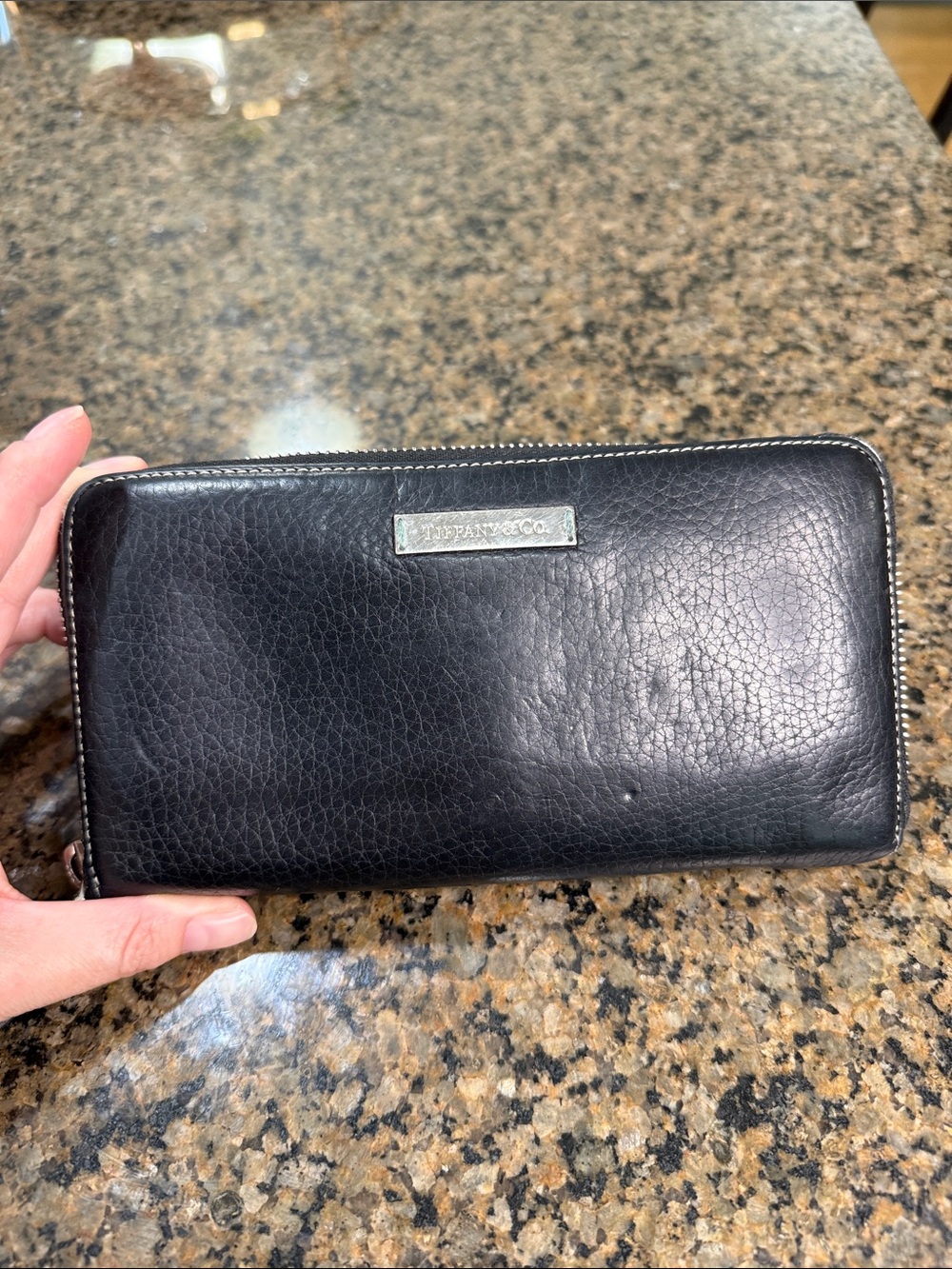 Tiffany & Co. Black Leather Zip-Around Wallet with Silver Plaque